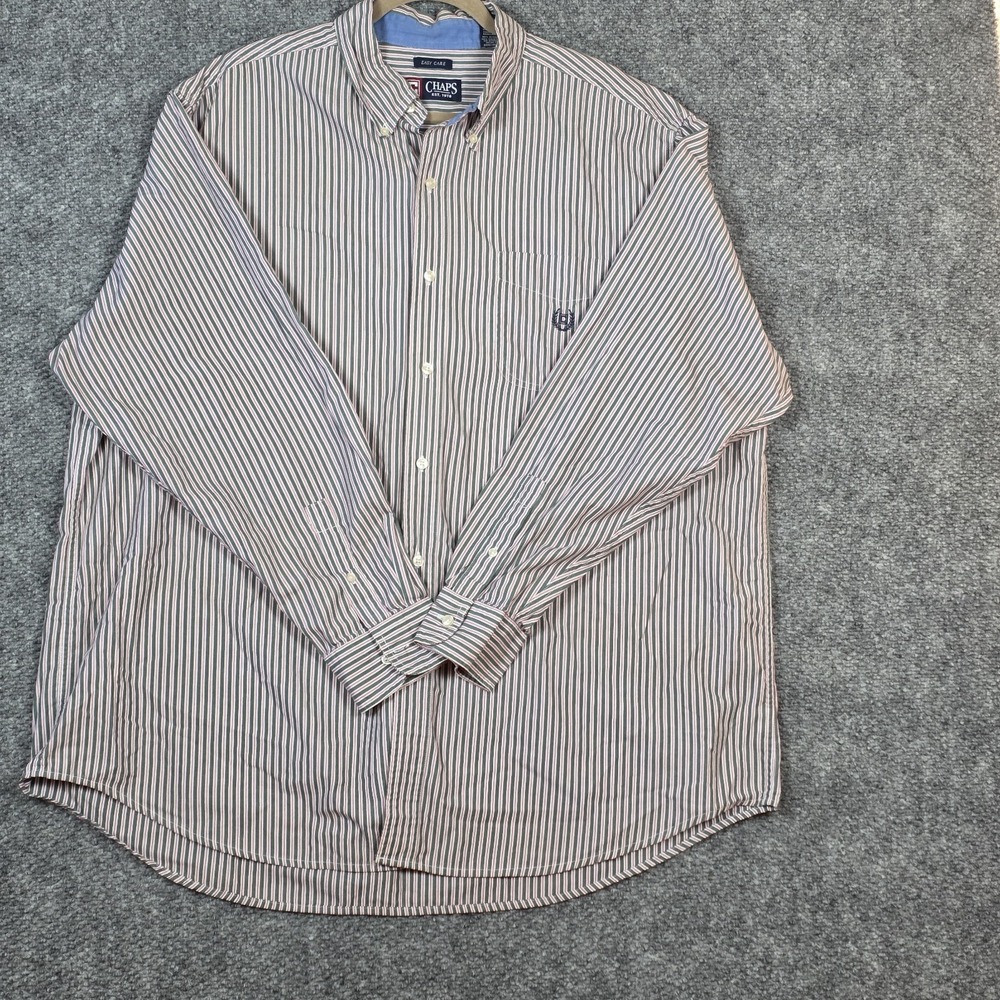 Chaps Mens 2XB Button Down Shirt Green Red Striped Easy Care Long Sleeve